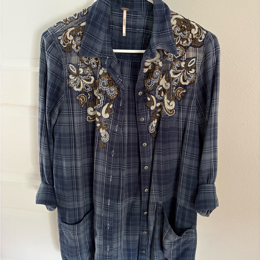 Free People Navy Plaid Embroidered Shirt
